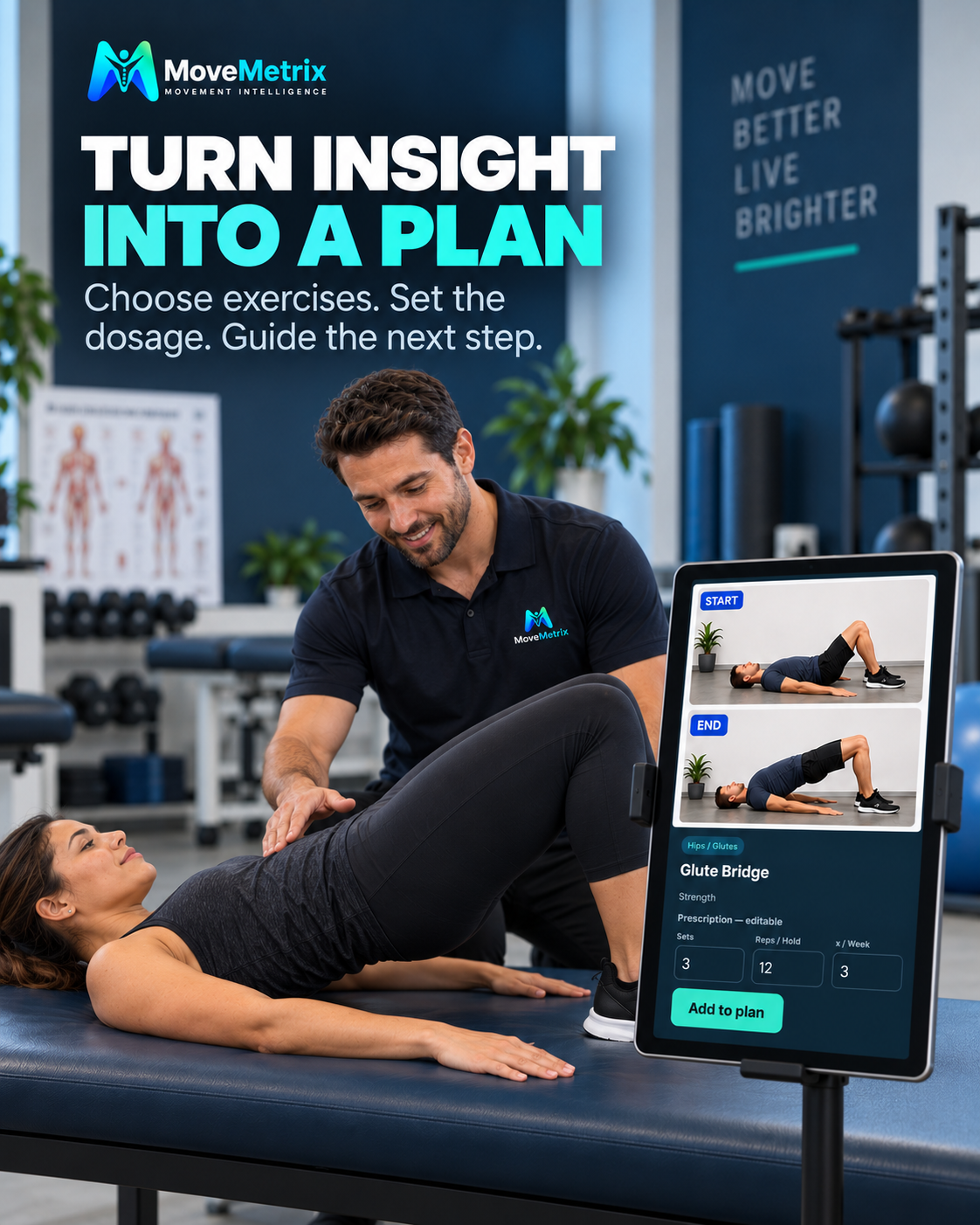 MoveMetrix exercise shortlist displayed beside a guided movement session
