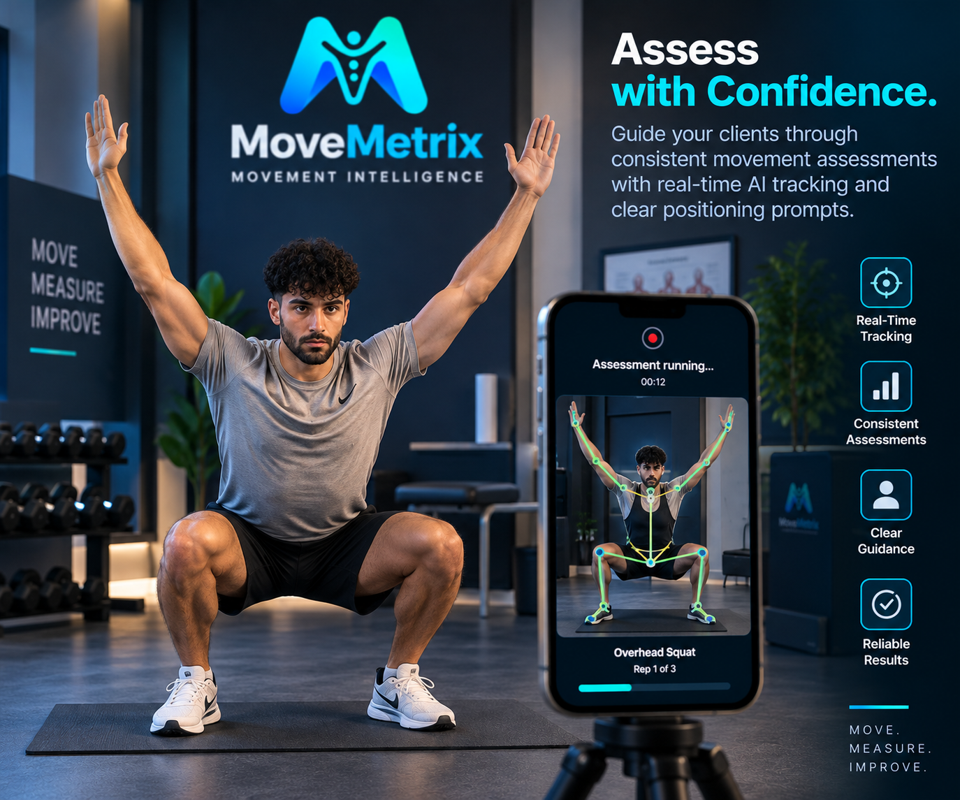 MoveMetrix guided overhead squat assessment with real-time movement tracking